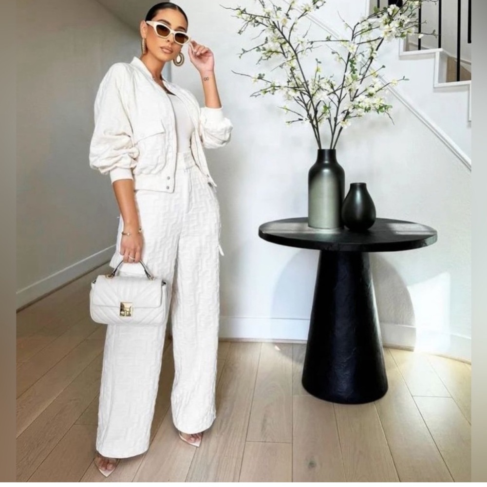 Textured Bomber Jacket and Cargo Pant Set in Off White